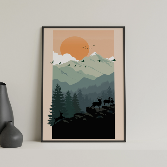 Mountain Serenity: Minimalist Vintage Art Print for Bedroom Décor