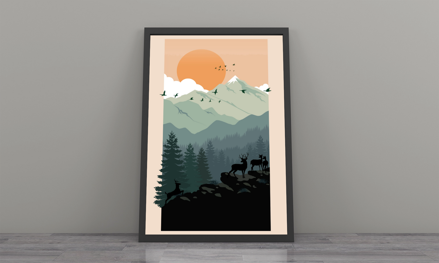 Mountain Serenity: Minimalist Vintage Art Print for Bedroom Décor
