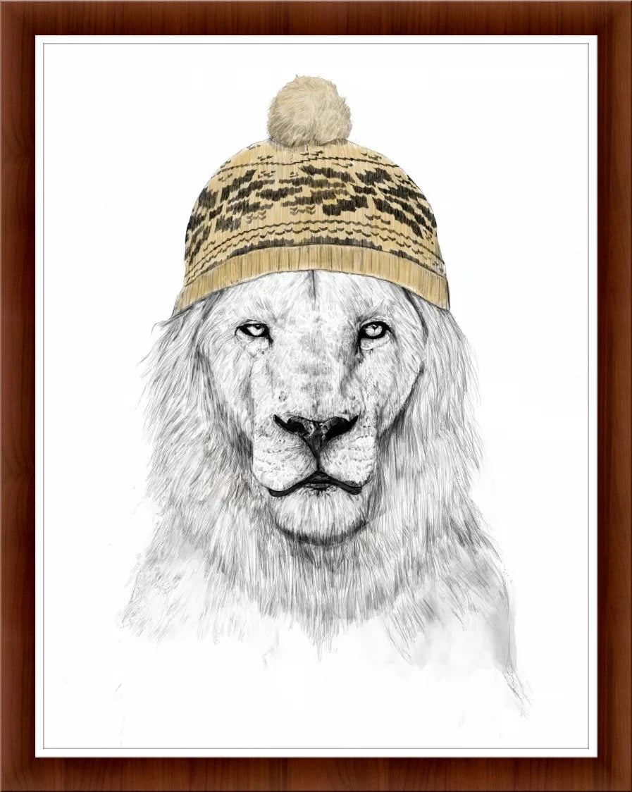 Lion in Winter: Whimsical Animal Portrait for Home Decor