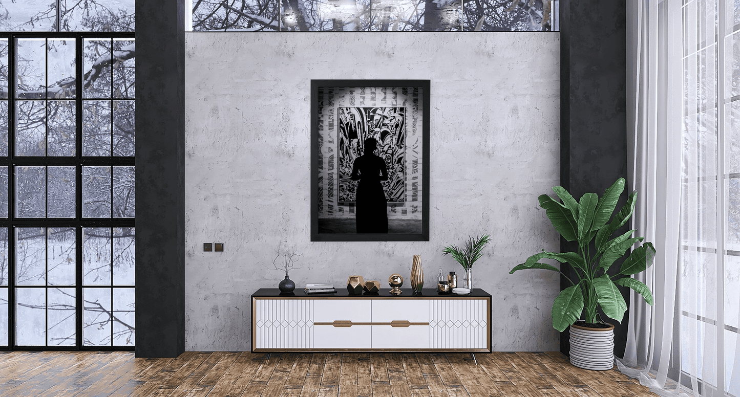 Urban Elegance: Bold Black-and-White Art Print for Living Room Décor