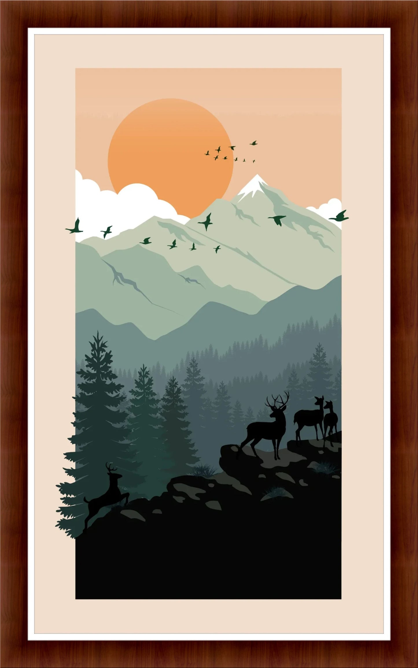 Mountain Serenity: Minimalist Vintage Art Print for Bedroom Décor
