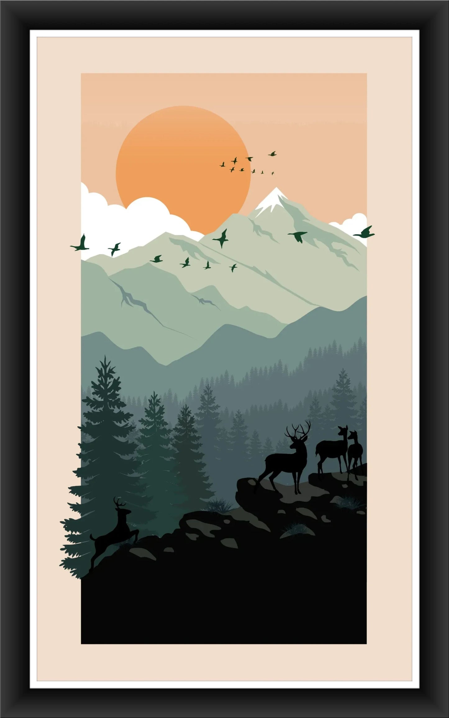 Mountain Serenity: Minimalist Vintage Art Print for Bedroom Décor