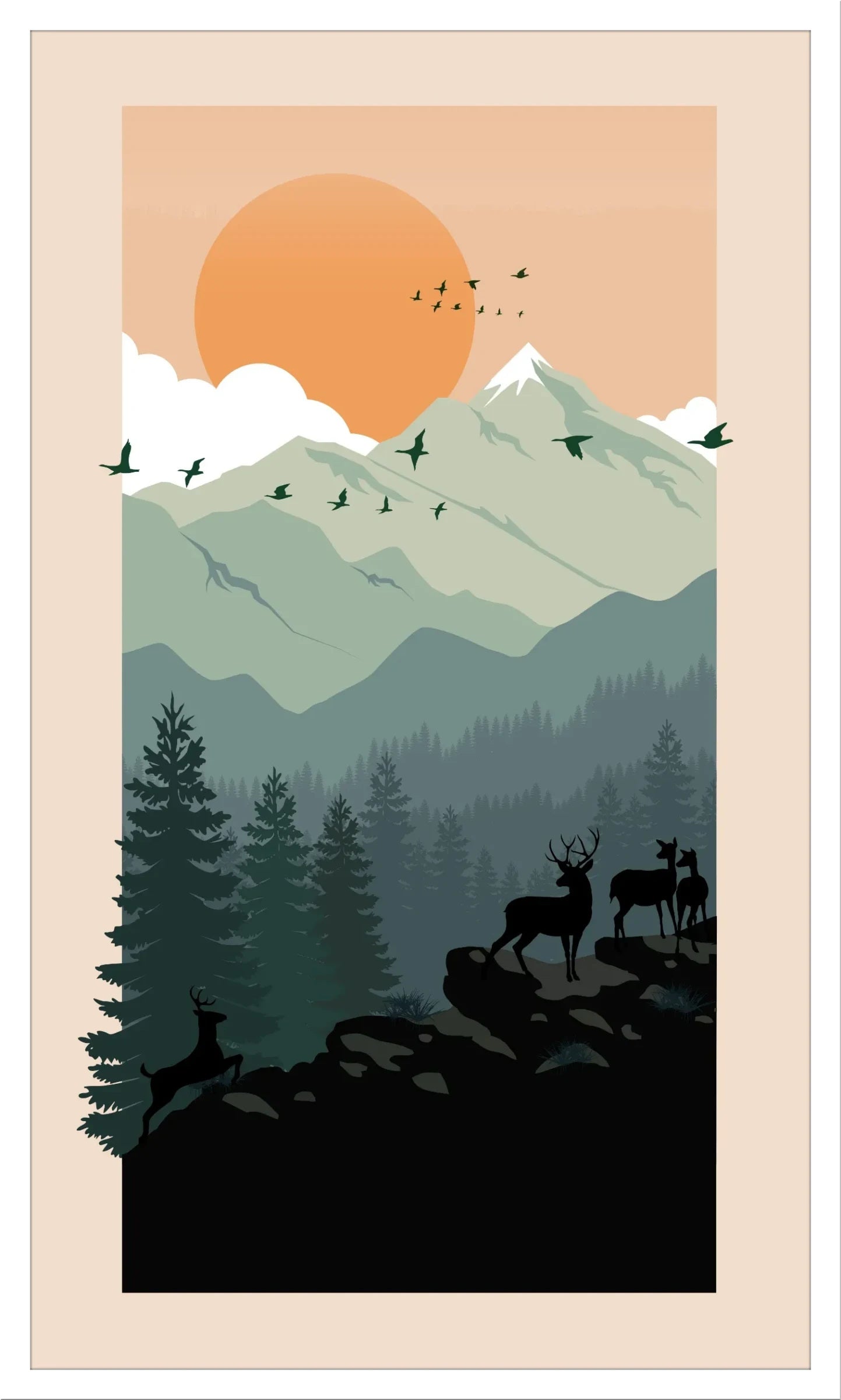 Mountain Serenity: Minimalist Vintage Art Print for Bedroom Décor