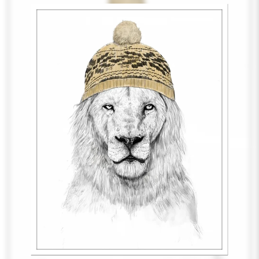 Lion in Winter: Whimsical Animal Portrait for Home Decor