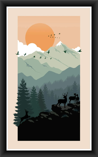 Mountain Serenity: Minimalist Vintage Art Print for Bedroom Décor